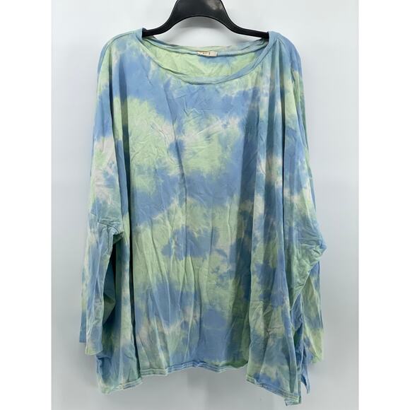 easel Tops - EASEL Women's Blue-Green Tie-Dye Long Sleeve Boatneck Top SZ 3X
